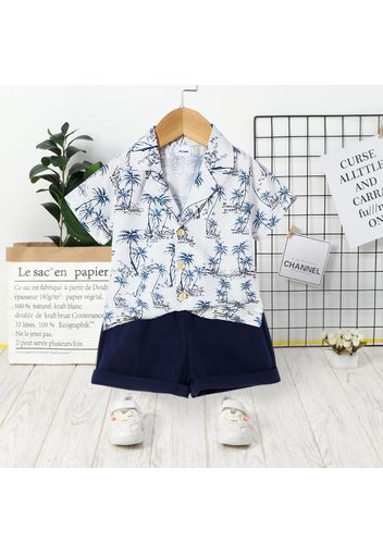 2pcs Toddler Boy Vacation Flora Tree Print Lapel Collar Shirt and Shorts Set