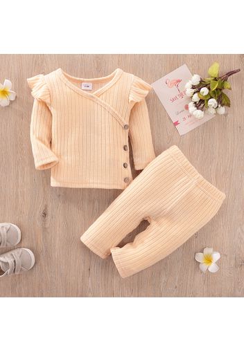 2pcs Baby Solid Knitted Ribbed V Neck Ruffle Long-sleeve Top and Trousers Set