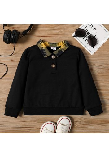 Toddler Boy Plaid Lapel Collar Button Design Black Sweatshirt