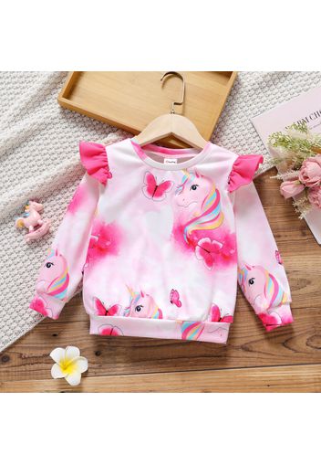 Toddler Girl Animal Unicorn Butterfly Print Ruffled Pink Pullover Sweat