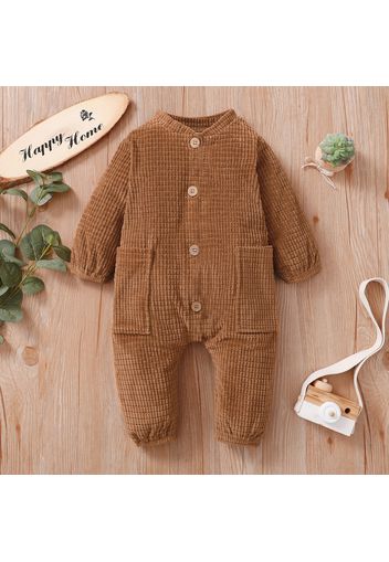 Baby Girl/Boy Solid Color Textured Button Design Long-sleeve Jumpsuit