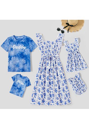 Family Matching 100% Cotton Short-sleeve Letter Print Tie Dye T-shirts andAllover Blue Floral Print Square Neck Ruffle Trim Sleeveless Dresses Sets