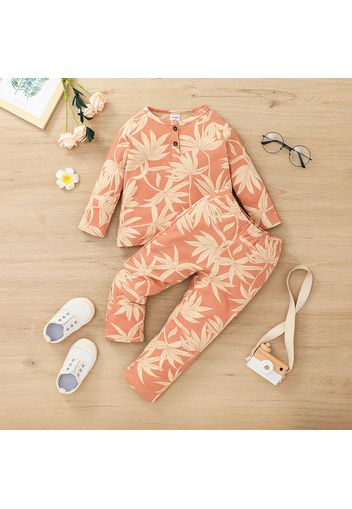 2-piece Toddler Boy Leaf Print Button Design Henley Shirt and Pants Set