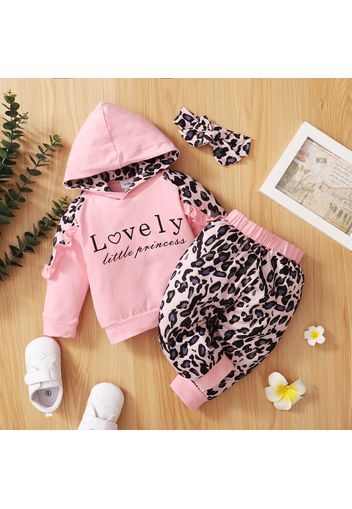 3pcs Letter and Leopard Print Splice Hooded Long-sleeve Baby Set