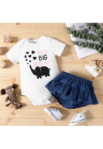 2pcs Baby Girl Elephant and Letter Print Ribbed Short-sleeve Romper and Ruffle Shorts Set