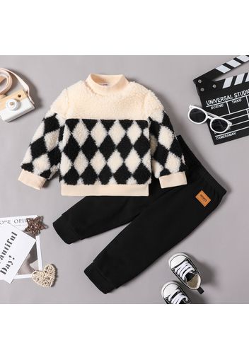 2pcs Baby Girl Long-sleeve Mock Neck Argyle Pattern Fleece Pullover and Sweatpants Set