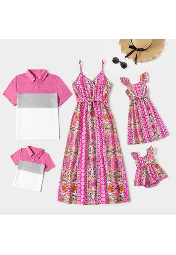 Family Matching Allover Boho Floral Print Hot Pink Cami Dresses and Colorblock Short-sleeve Polo Shirts Sets