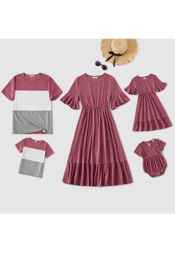 Family Matching Solid Ruffle Trim Short-sleeve Dresses and Colorblock T-shirts Sets