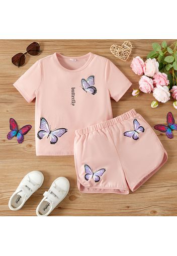 2pcs Kid Girl Butterfly Print Short-sleeve Tee and Elasticized Shorts Set