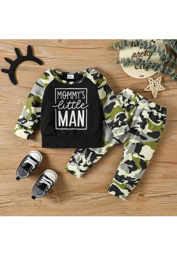 2pcs Baby Boy Camouflage Raglan-sleeve Letter Print Sweatshirt and Sweatpants Set