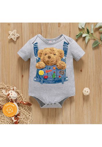 Baby Boy 95% Cotton Short-sleeve Teddy Bear Print Romper