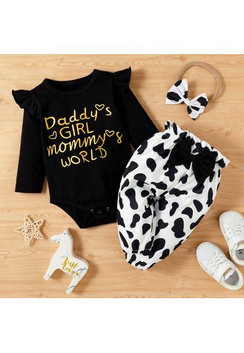 3pcs Baby Girl Letter and Cow Print White Long-sleeve Romper and Bowknot Trousers Set