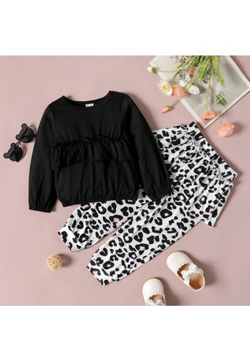 2-piece Toddler Girl Ruffled Long-sleeve Black Top and Leopard Print Skirt Pants Set