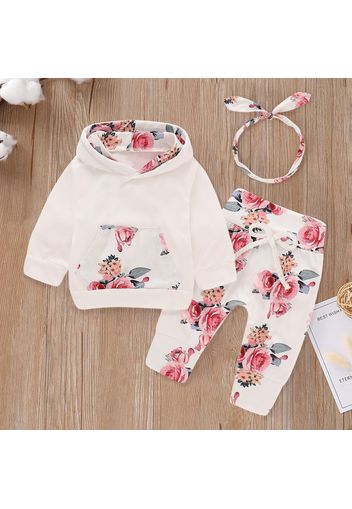 3pcs Floral Print Hooded Long-sleeve Baby Set