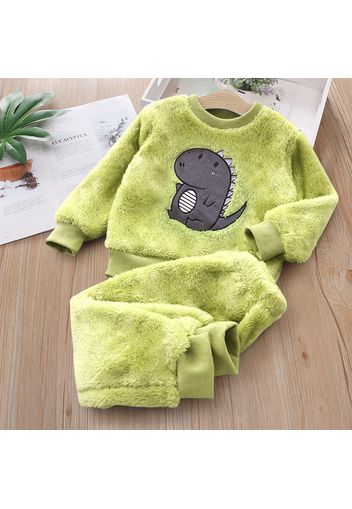 2pcs Dinosaur Applique Fleece Long-sleeve Green Baby Set