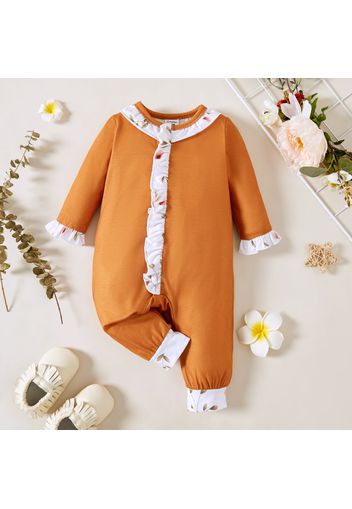 Baby Girl Solid Brown/White Floral Print Ruffle Splicing Long-sleeve Jumpsuit