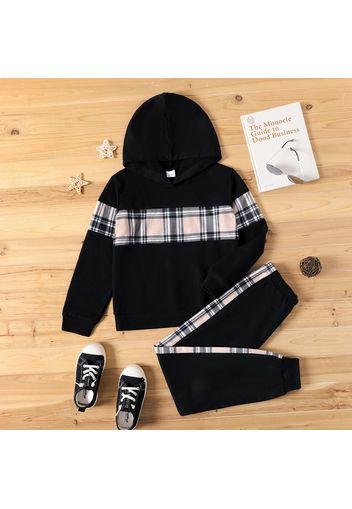 2-piece Kid Boy Plaid Colorblock Hoodie Sweatshirt and Pants Casual Set