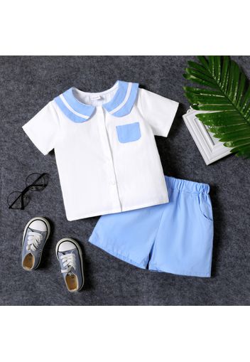 2pcs Toddler Boy Preppy style 100% Cotton Sailor Collar Shirt and Shorts Set