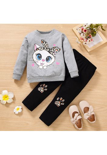 2-piece Toddler Girl Cat Print Pullover Sweatshirt and Leopard Print Pants Set