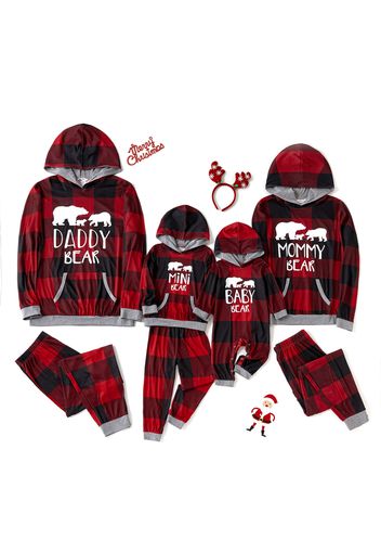 Christmas Letters and Polar Bear Print Red Plaid Family Matching Long-sleeve Hooded Pajamas Sets (Flame Resistant)