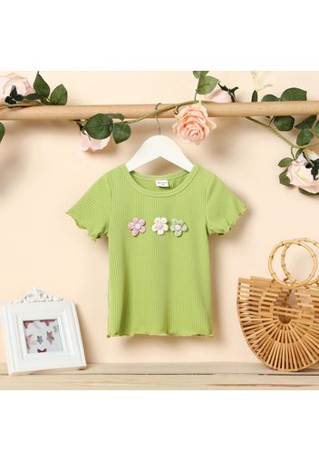 Toddler Girl 3d Floral Design Lettuce Trim Ribbed Short-sleeve Tee