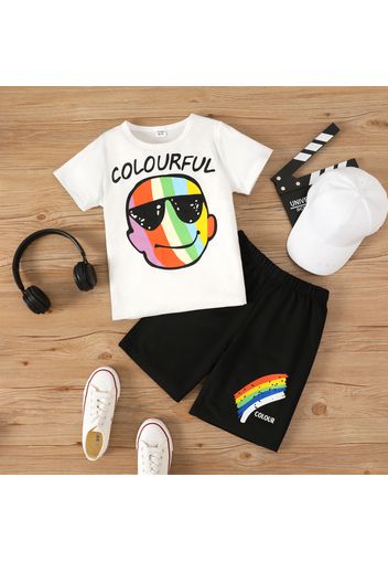 2pcs Kid Boy Playful Letter Cartoon Print Short-sleeve White Tee and Rainbow Print Shorts Set