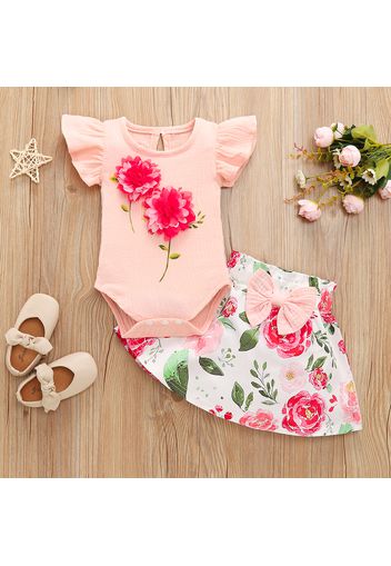 2pcs Baby Girl 3D Flowers Embroidered Pink Flutter-sleeve Romper and Floral Print Mini Skirt Set