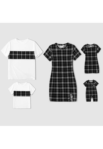 Family Matching Plaid Short-sleeve Split Bodycon Dresses and Splicing Short-sleeve T-shirts Sets