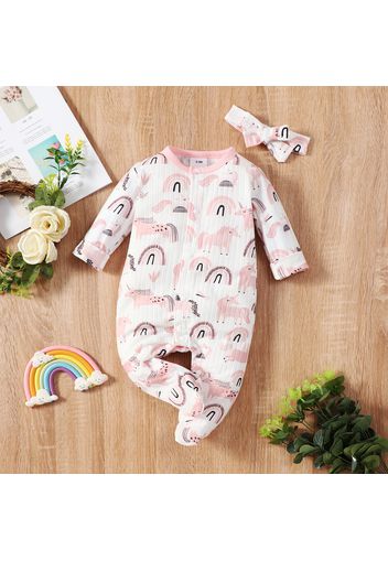 2pcs Baby Girl Pink Animal and Rainbow Print Ribbed Long-sleeve Footed Jumpsuit Set