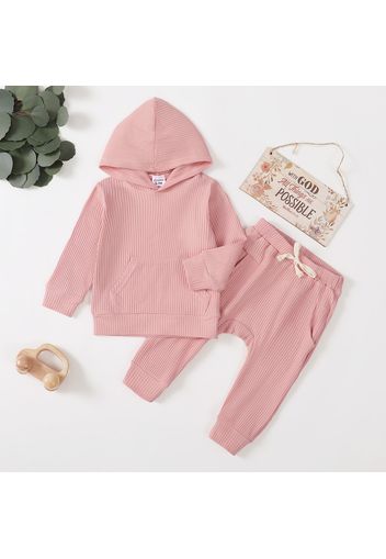 Ribbed 2pcs Solid Hooded Long-sleeve Baby Set