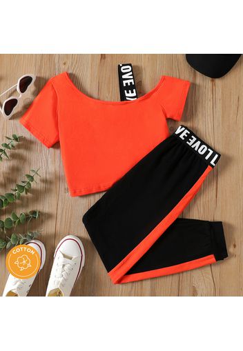 2pcs Kid Girl Letter Print One Shoulder Short-sleeve Strap Tee and Colorblock Pants Set