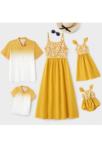 Family Matching Lace Splice Yellow Cami Dresses and Ombre Short-sleeve Shirts Sets