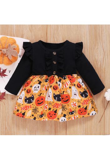 Halloween Pumpkin Print Long-sleeve Ruffle Baby Dress