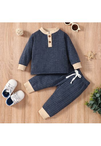 2pcs Baby Boy/Girl Solid Ribbed Long-sleeve Button Top and Trousers Set