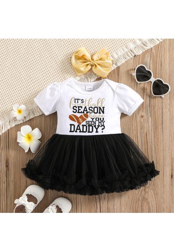 100% Cotton 2pcs Baby Girl Football and Letter Print Puff Sleeve Splicing Mesh Tutu Dress with Headband Set