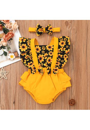 2pcs Baby Girl Sunflower Floral Print Splice Yellow Layered Sleeveless Ruffle Romper with Headband Set