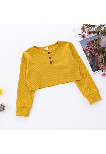 Kid Girl Button Design Solid Long-sleeve Crop Tee