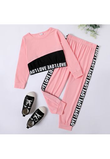 2-piece Kid Girl Letter Print Pink Sweatshirt and Elasticized Pants Set