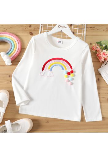 Kid Girl Rainbow Embroidered Pompom Design Long-sleeve Tee