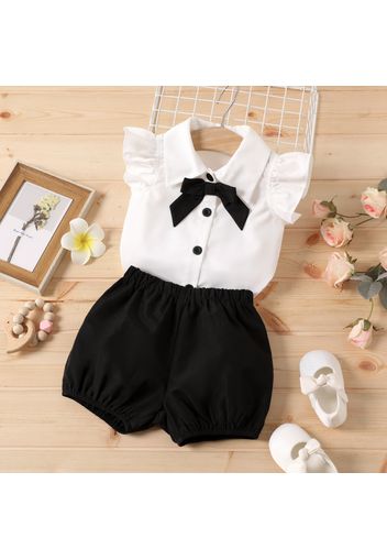 2pcs Baby Girl Bow Front Button Up Flutter-sleeve Top and Shorts Set