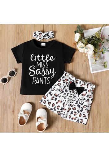 2-piece Toddler Girl Letter Print Black Tee and Bowknot Design Leopard Print Paperbag Shorts Set