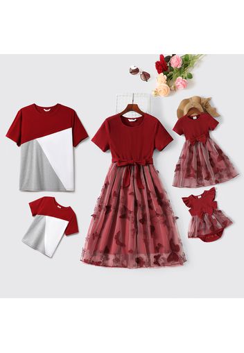 Family Matching 95% Cotton Short-sleeve Colorblock T-shirts and Rib Knit Spliced Butterfly Embroidered Mesh Dresses Sets