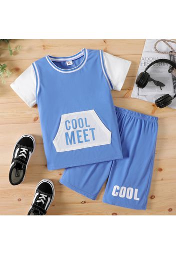 2pcs Kid Boy Sporty Letter Print Pocket Design Short-sleeve Tee and Elasticized Shorts Set