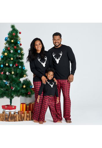 Family Matching Christmas Reindeer Top and Plaid Pants Pajamas Sets (Flame Resistant)