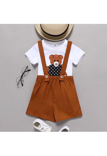 2pcs Baby Girl Cartoon Bear Embroidered Short-sleeve T-shirt and Overalls Shorts Set