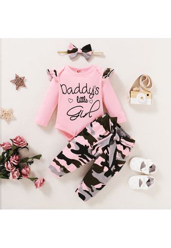 3pcs Letter and Camouflage Print Long-sleeve Pink Baby Set