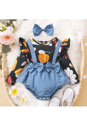 Baby 2pcs Thanksgiving Pumpkin Print Splicing Denim Ruffle Bowknot Long-sleeve Romper Set