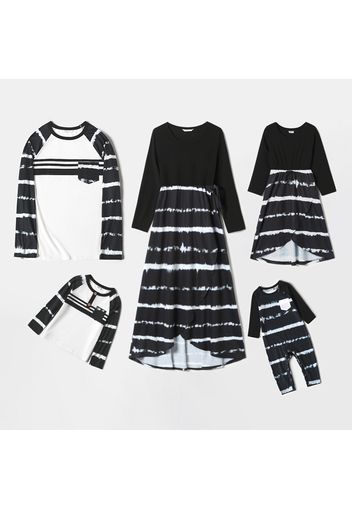 Family Matching Black Tie Dye Tulip Hem Long-sleeve Splicing Dresses and T-shirts Sets