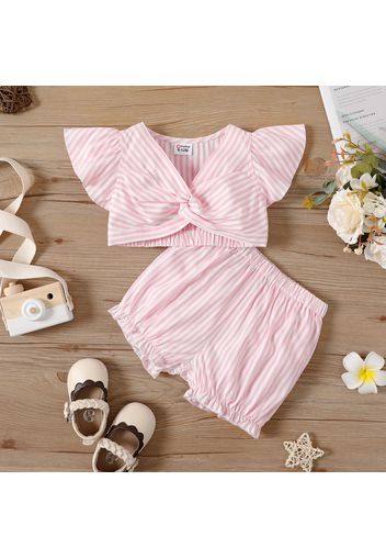 2pcs Baby Girl Striped Ruffle-sleeve Twist Knot Crop Top and Shorts Set