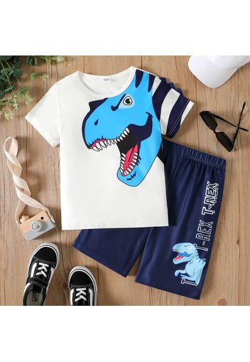 2pcs Kid Boy Animal Dinosaur Print Short-sleeve White Tee and Dark Blue Shorts Set